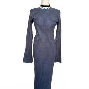 THE DROP🩶RIBBED LONG-SLEEVE KNIT MIDI DRESS – Cozy Chic in Heathered Blue-Gray